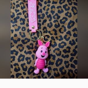 Pink Character Keychain with Leopard Print Strap